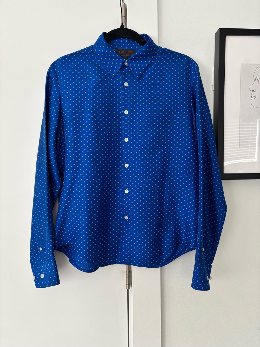 Ralph Lauren Women's Blue raw silk polka dot button up blouse size large